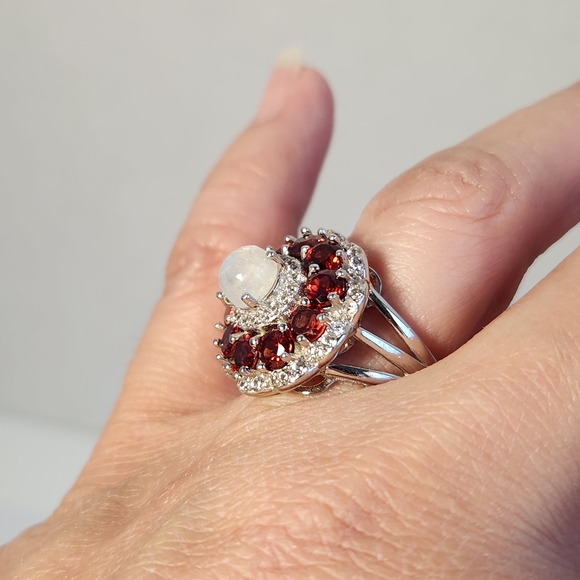 VTG Custom Garnet, Rainbow Moonstone & Zircon 925 Ring Sz 6 - Picture 13 of 13